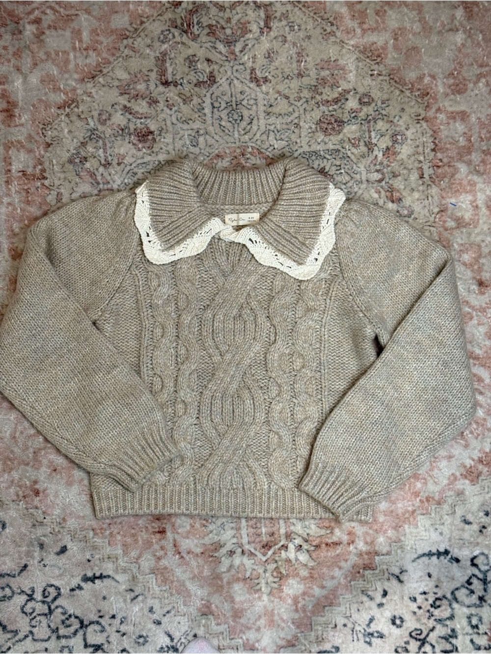 Rylee + Cru Cream Cable Knit Sweater with Lace Collar